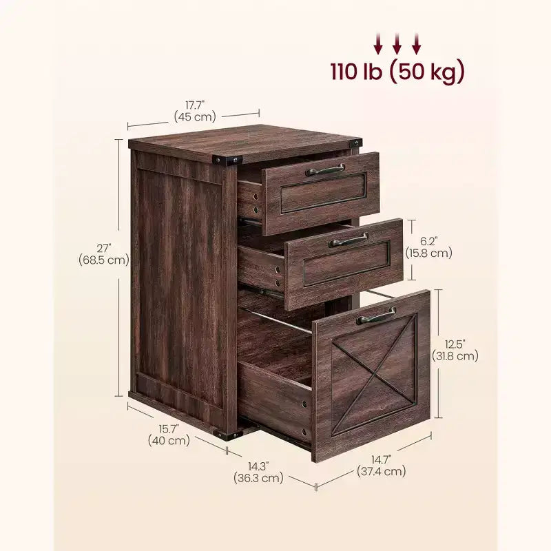 Meuble Classeur à 3 Tiroirs, Classeur de Rangement, Support d'Imprimante, Compatible A4, Format Lettre, Dossiers Suspendus, Style Ferme Moderne, pour Bureau à Domicile