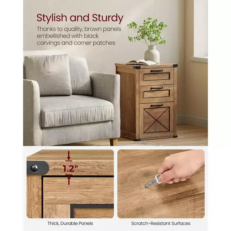 Meuble Classeur à 3 Tiroirs, Classeur de Rangement, Support d'Imprimante, Compatible A4, Format Lettre, Dossiers Suspendus, Style Ferme Moderne, pour Bureau à Domicile