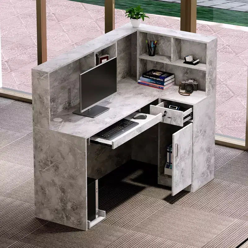 Bureau d'accueil moderne en L Famapy avec étagères amovibles Rangement verrouillable Gestion des câbles