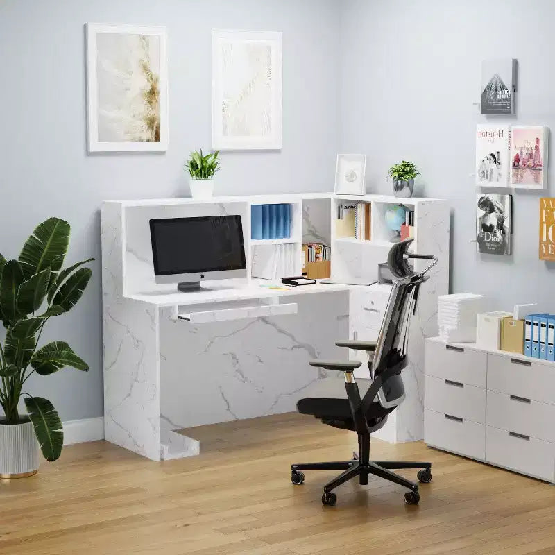 Bureau d'accueil moderne en L Famapy avec étagères amovibles Rangement verrouillable Gestion des câbles