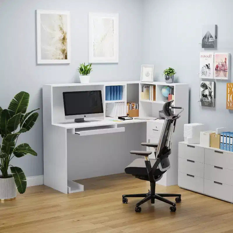 Bureau d'accueil moderne en L Famapy avec étagères amovibles Rangement verrouillable Gestion des câbles