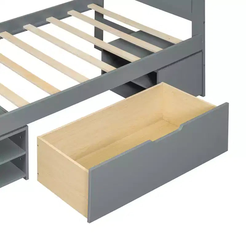 Lit plateforme en bois double/grand avec tiroir et deux étagères de rangement 4O - ModernLuxe