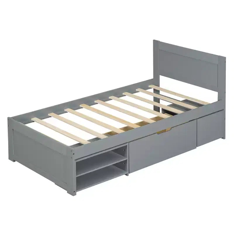 Lit plateforme en bois double/grand avec tiroir et deux étagères de rangement 4O - ModernLuxe