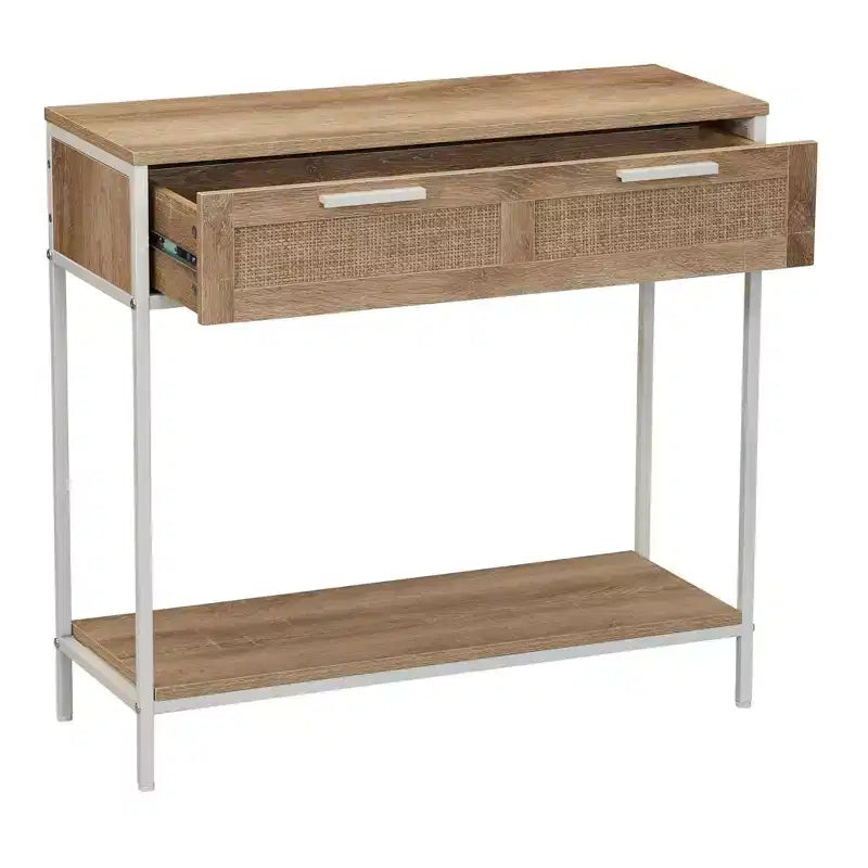 Table console/canapé rectangulaire Bungalow avec étagère de rangement et 2 tiroirs, en chêne côtier, grain de bois rustique, façade tissée et métal blanc
