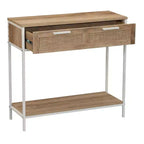 Table console/canapé rectangulaire Bungalow avec étagère de rangement et 2 tiroirs, en chêne côtier, grain de bois rustique, façade tissée et métal blanc