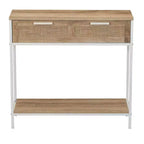 Table console/canapé rectangulaire Bungalow avec étagère de rangement et 2 tiroirs, en chêne côtier, grain de bois rustique, façade tissée et métal blanc