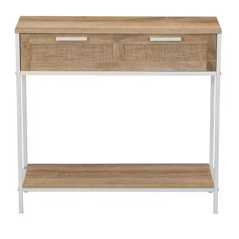 Table console/canapé rectangulaire Bungalow avec étagère de rangement et 2 tiroirs, en chêne côtier, grain de bois rustique, façade tissée et métal blanc