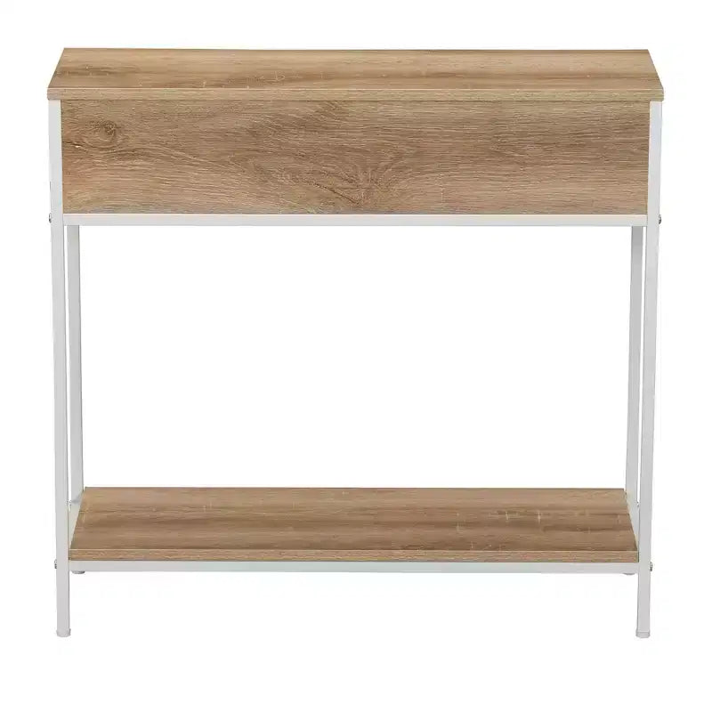 Table console/canapé rectangulaire Bungalow avec étagère de rangement et 2 tiroirs, en chêne côtier, grain de bois rustique, façade tissée et métal blanc
