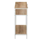Table console/canapé rectangulaire Bungalow avec étagère de rangement et 2 tiroirs, en chêne côtier, grain de bois rustique, façade tissée et métal blanc