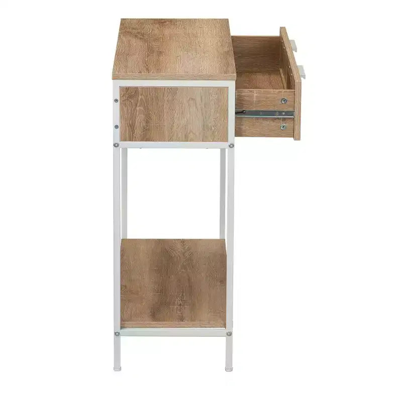Table console/canapé rectangulaire Bungalow avec étagère de rangement et 2 tiroirs, en chêne côtier, grain de bois rustique, façade tissée et métal blanc