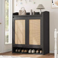 Rattan Shoe Cabinet with 2 Doors, 5-Tier Shoe Storage Cabinet with Adjustable Shelves, Wooden Shoe Storage Organizer for Entryway, Hallway, Black