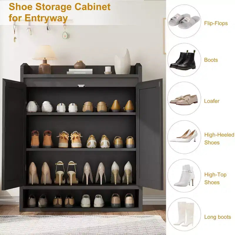 Meuble à chaussures en rotin à 2 portes, meuble de rangement pour chaussures à 5 niveaux avec étagères réglables, organisateur de rangement pour chaussures en bois pour entrée, couloir, noir