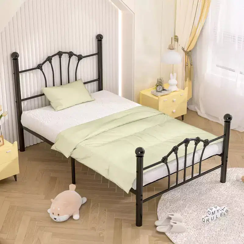 Cadre de lit double VECELO avec tête de lit et pied de lit, cadre de lit plateforme moderne en métal blanc/rose/noir