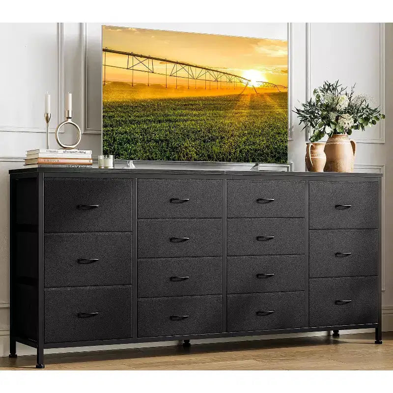 Commode 14 tiroirs, Meuble TV commode 160 cm avec prise de courant