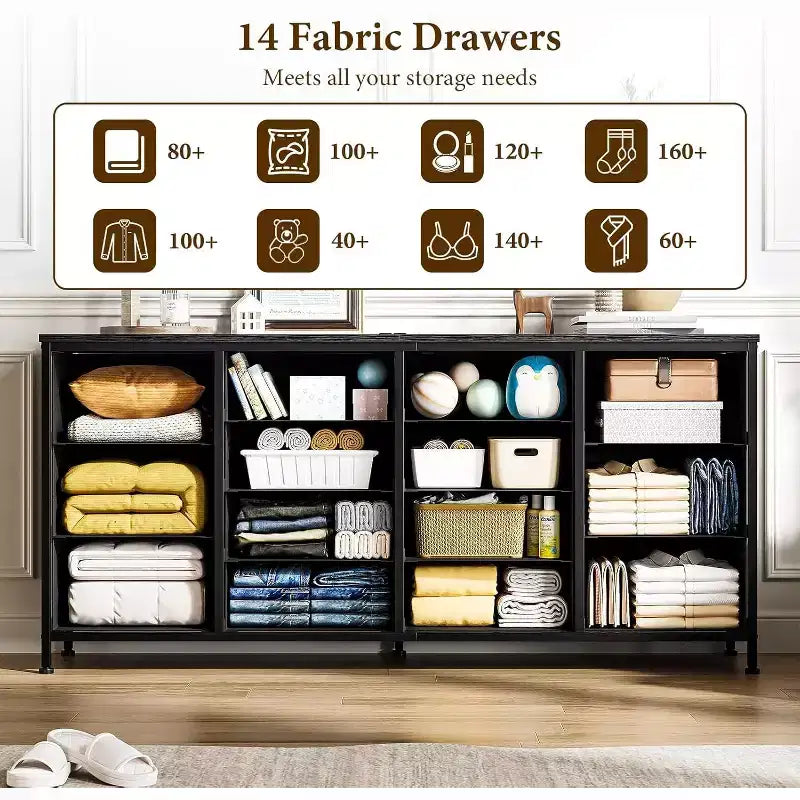Commode 14 tiroirs, Meuble TV commode 160 cm avec prise de courant