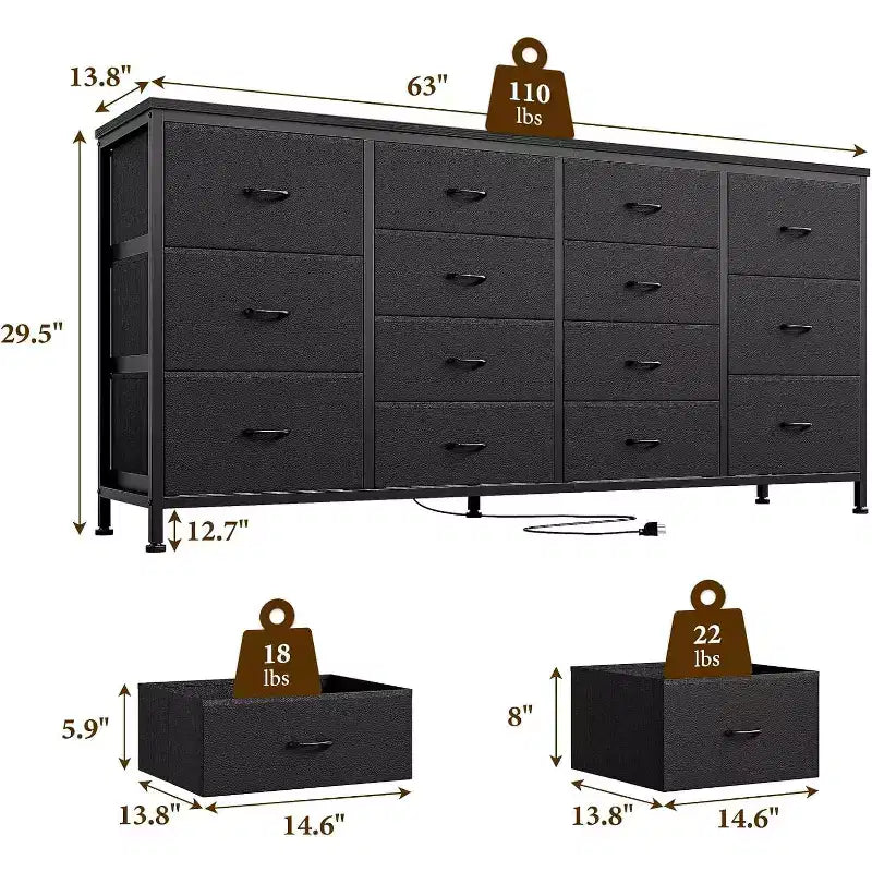 Commode 14 tiroirs, Meuble TV commode 160 cm avec prise de courant