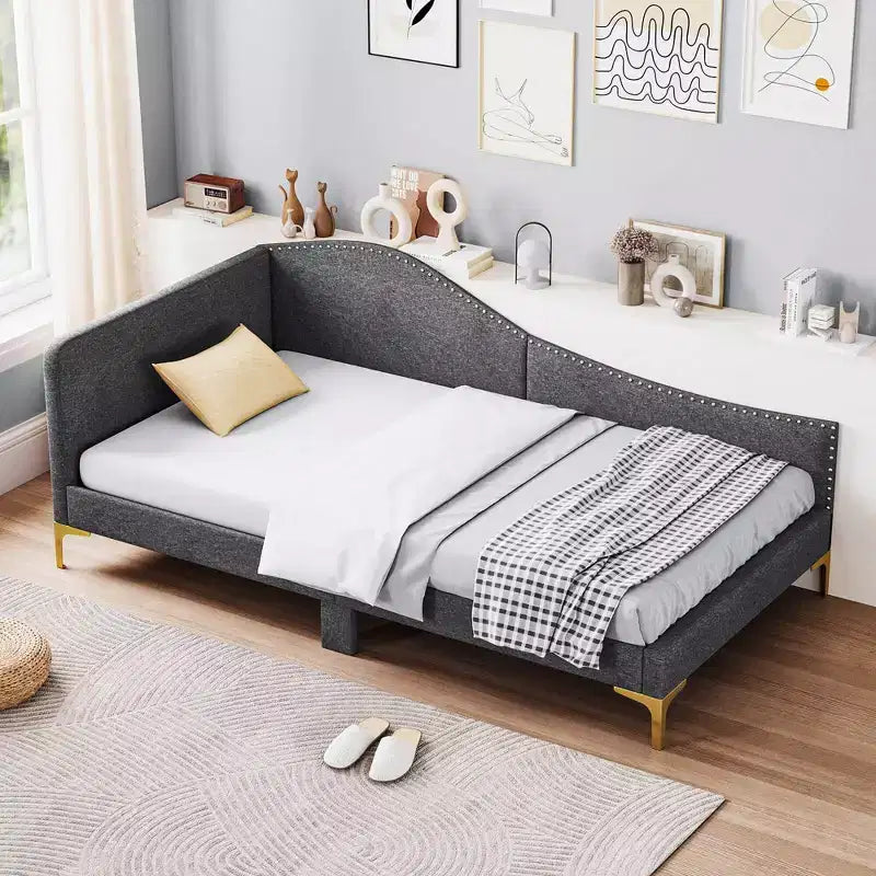 Costway Twin/Full Size Upholstered Daybed Rivet-Tufted Platform Bed with Metal Legs Wood Slats