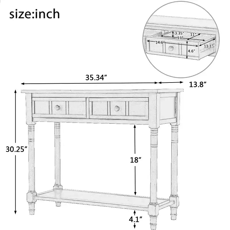 Table console rustique Whisen au design traditionnel avec deux tiroirs et une étagère inférieure