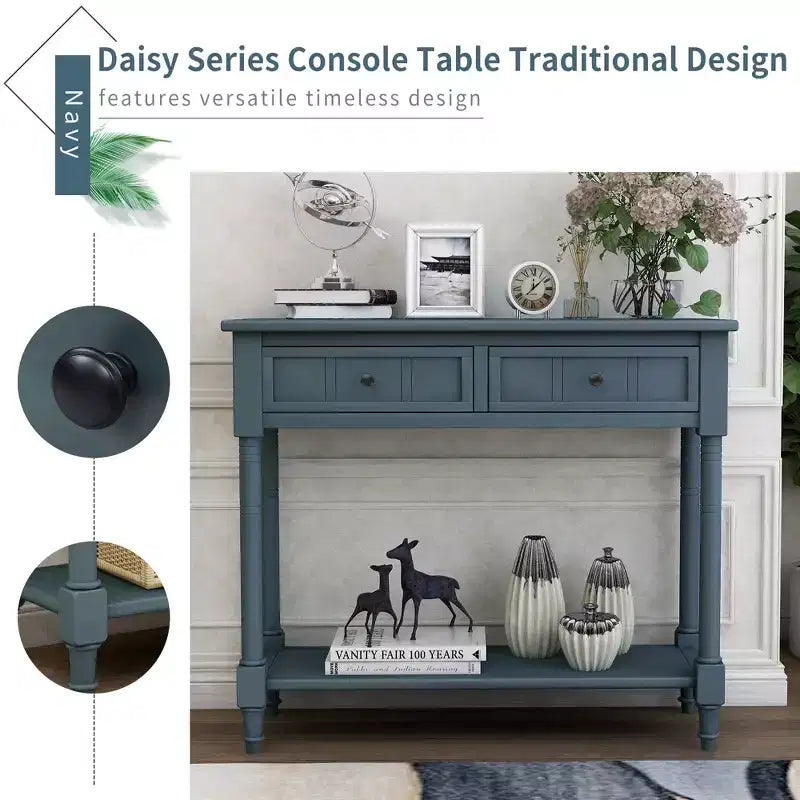 Table console rustique Whisen au design traditionnel avec deux tiroirs et une étagère inférieure