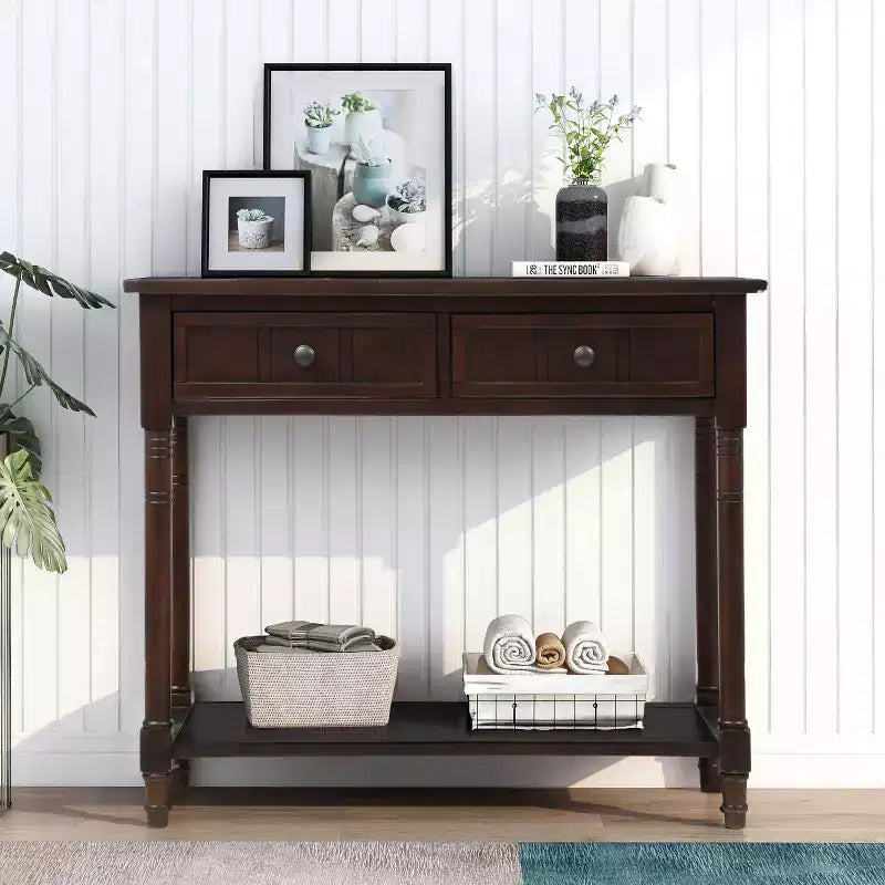 Whisen Rustic Console Table Traditional Design with Two Drawers and Bottom Shelf