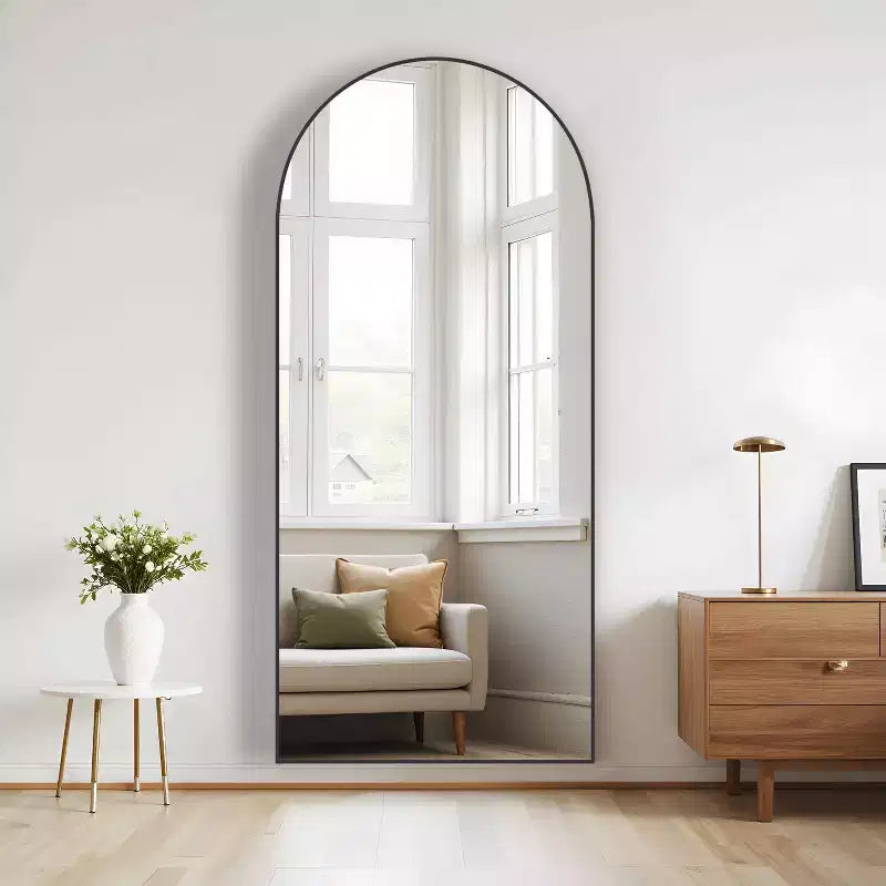 PexFix 31 po (L) x 71 po (H) Miroir corps entier arqué autoportant Cadre en métal Miroir mural Grand miroir de sol Noir