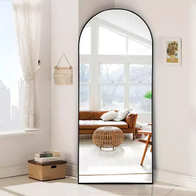 PexFix 31 po (L) x 71 po (H) Miroir corps entier arqué autoportant Cadre en métal Miroir mural Grand miroir de sol Noir