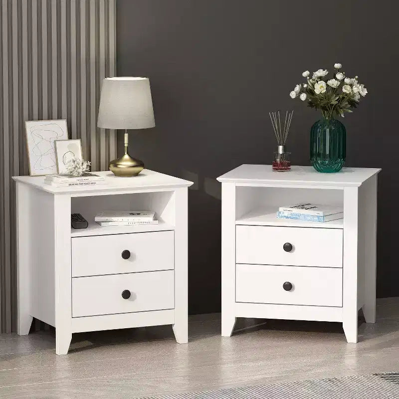 Table de chevet blanche Famapy 2 tiroirs 1 étagère ouverte Design moderne