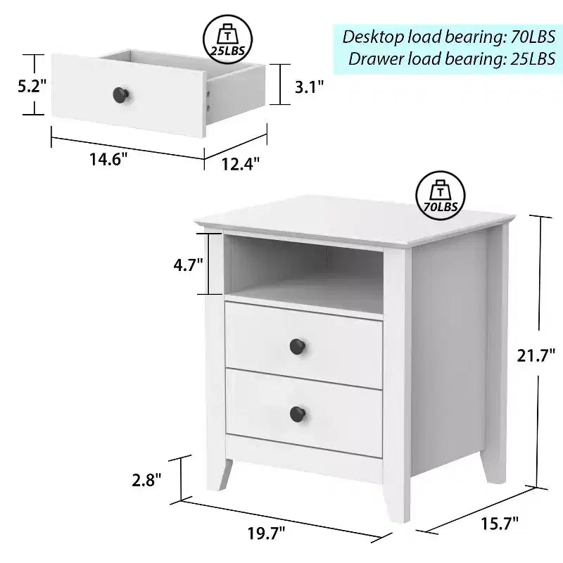Table de chevet blanche Famapy 2 tiroirs 1 étagère ouverte Design moderne