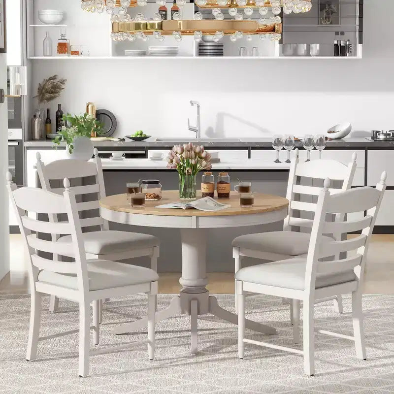 Ensemble de salle à manger Whisen rétro fonctionnel 5 pièces avec table à manger ronde extensible et 4 chaises de salle à manger rembourrées