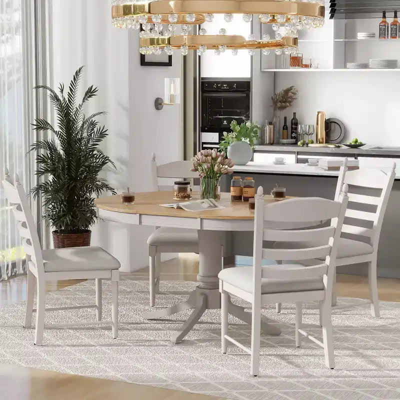 Ensemble de salle à manger Whisen rétro fonctionnel 5 pièces avec table à manger ronde extensible et 4 chaises de salle à manger rembourrées