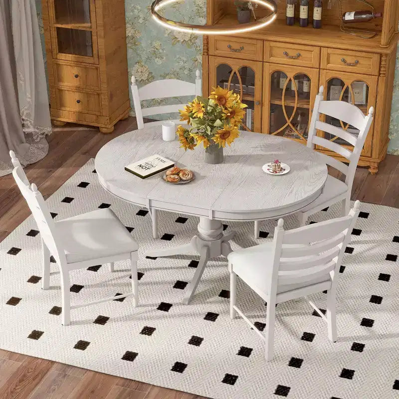 Ensemble de salle à manger Whisen rétro fonctionnel 5 pièces avec table à manger ronde extensible et 4 chaises de salle à manger rembourrées
