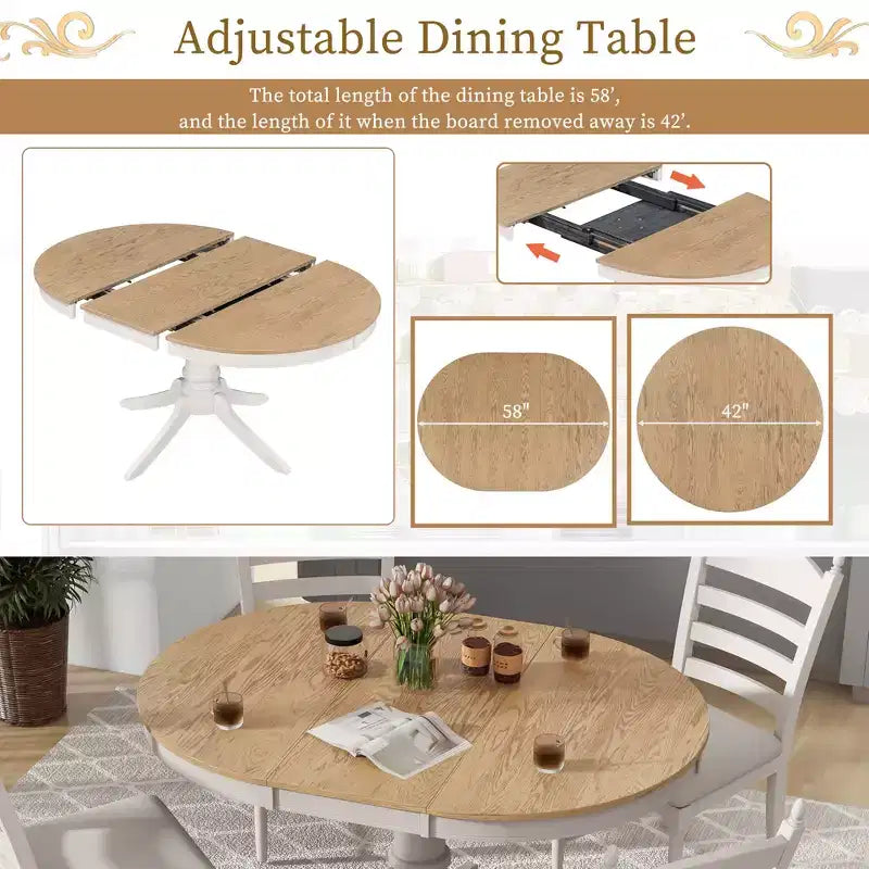 Ensemble de salle à manger Whisen rétro fonctionnel 5 pièces avec table à manger ronde extensible et 4 chaises de salle à manger rembourrées
