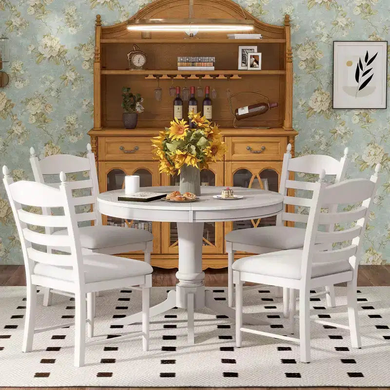 Ensemble de salle à manger Whisen rétro fonctionnel 5 pièces avec table à manger ronde extensible et 4 chaises de salle à manger rembourrées