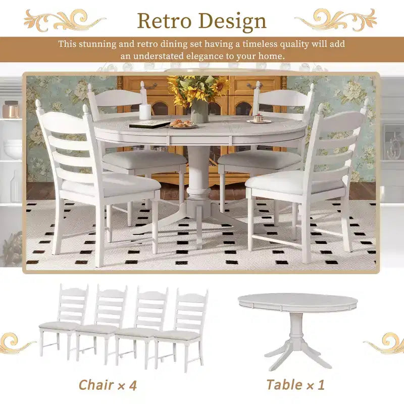 Ensemble de salle à manger Whisen rétro fonctionnel 5 pièces avec table à manger ronde extensible et 4 chaises de salle à manger rembourrées