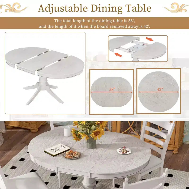 Ensemble de salle à manger Whisen rétro fonctionnel 5 pièces avec table à manger ronde extensible et 4 chaises de salle à manger rembourrées