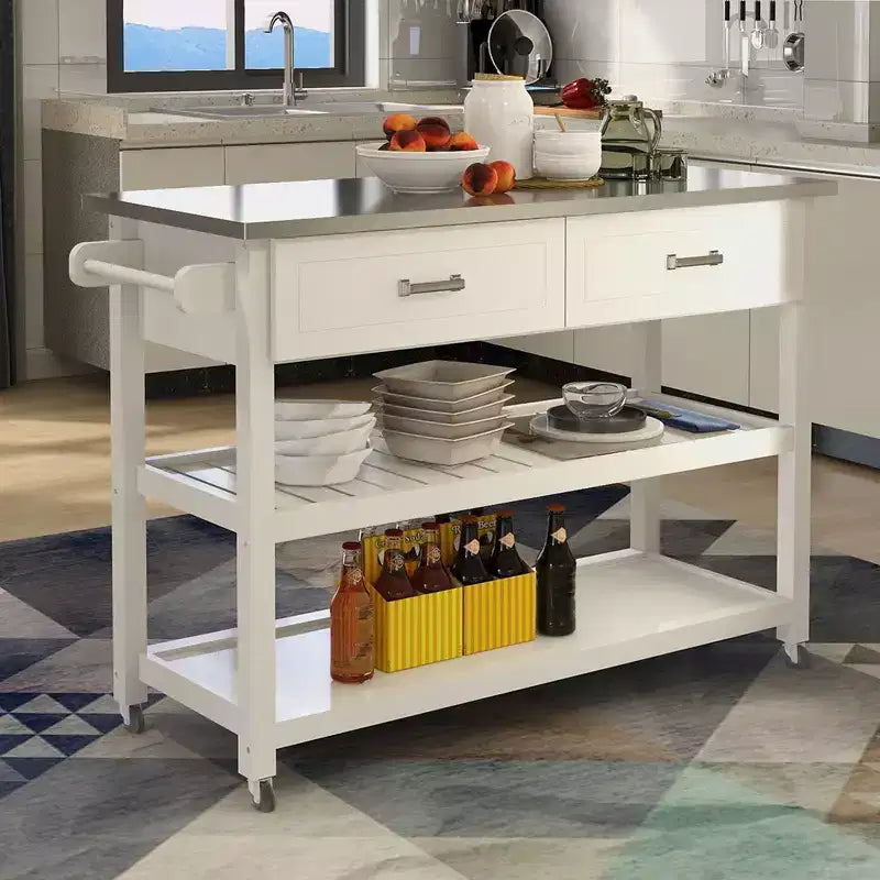 Îlot de cuisine AndMakers en bois blanc de 120 cm avec plateau en acier inoxydable et roulettes