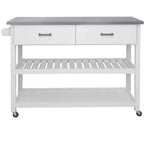 Îlot de cuisine AndMakers en bois blanc de 120 cm avec plateau en acier inoxydable et roulettes