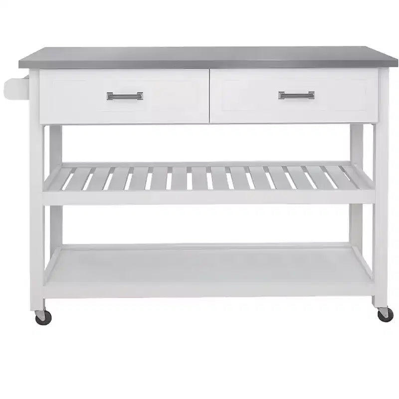 Îlot de cuisine AndMakers en bois blanc de 120 cm avec plateau en acier inoxydable et roulettes