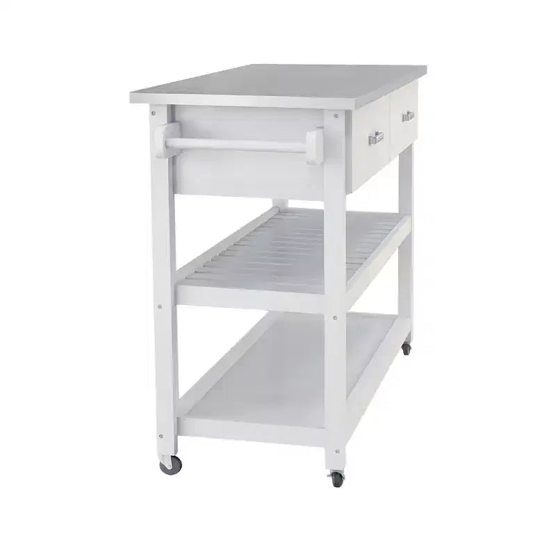 Îlot de cuisine AndMakers en bois blanc de 120 cm avec plateau en acier inoxydable et roulettes