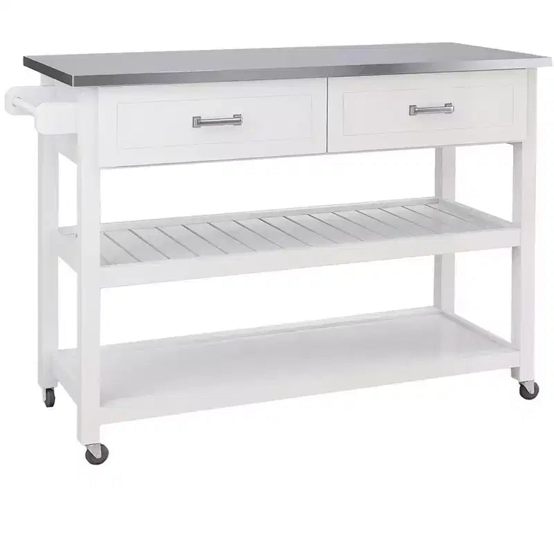 Îlot de cuisine AndMakers en bois blanc de 120 cm avec plateau en acier inoxydable et roulettes