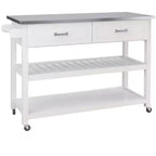 Îlot de cuisine AndMakers en bois blanc de 120 cm avec plateau en acier inoxydable et roulettes