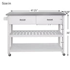 Îlot de cuisine AndMakers en bois blanc de 120 cm avec plateau en acier inoxydable et roulettes