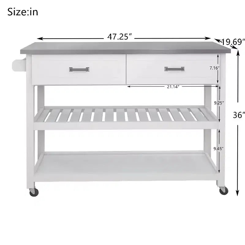 Îlot de cuisine AndMakers en bois blanc de 120 cm avec plateau en acier inoxydable et roulettes