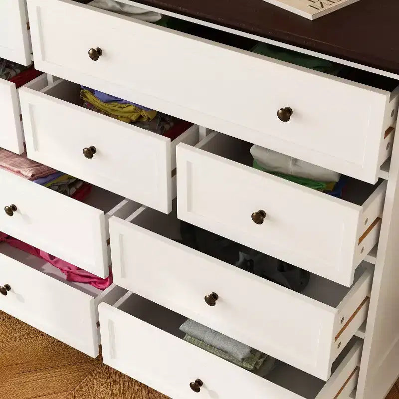 Commode horizontale Hitow grande, blanche, 12 tiroirs, avec plateau couleur chêne