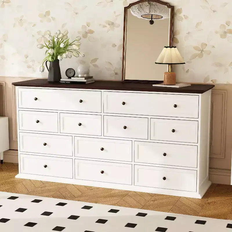 Commode horizontale Hitow grande, blanche, 12 tiroirs, avec plateau couleur chêne