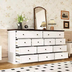 Commode horizontale Hitow grande, blanche, 12 tiroirs, avec plateau couleur chêne