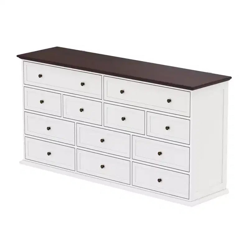 Commode horizontale Hitow grande, blanche, 12 tiroirs, avec plateau couleur chêne