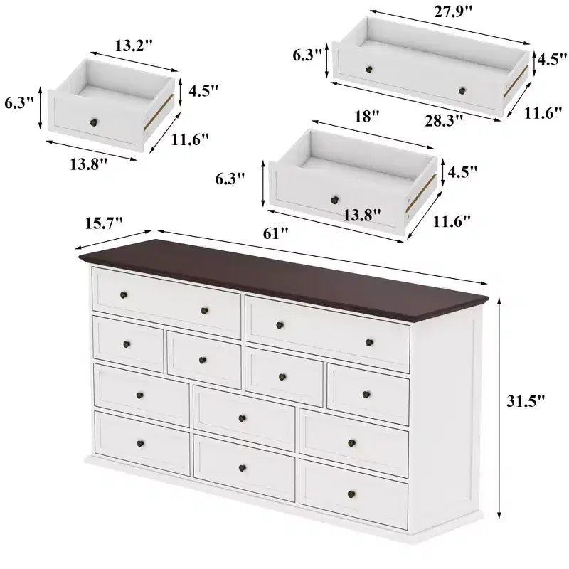 Commode horizontale Hitow grande, blanche, 12 tiroirs, avec plateau couleur chêne
