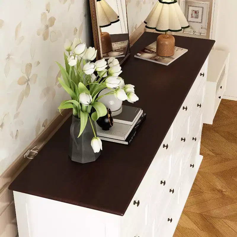Commode horizontale Hitow grande, blanche, 12 tiroirs, avec plateau couleur chêne