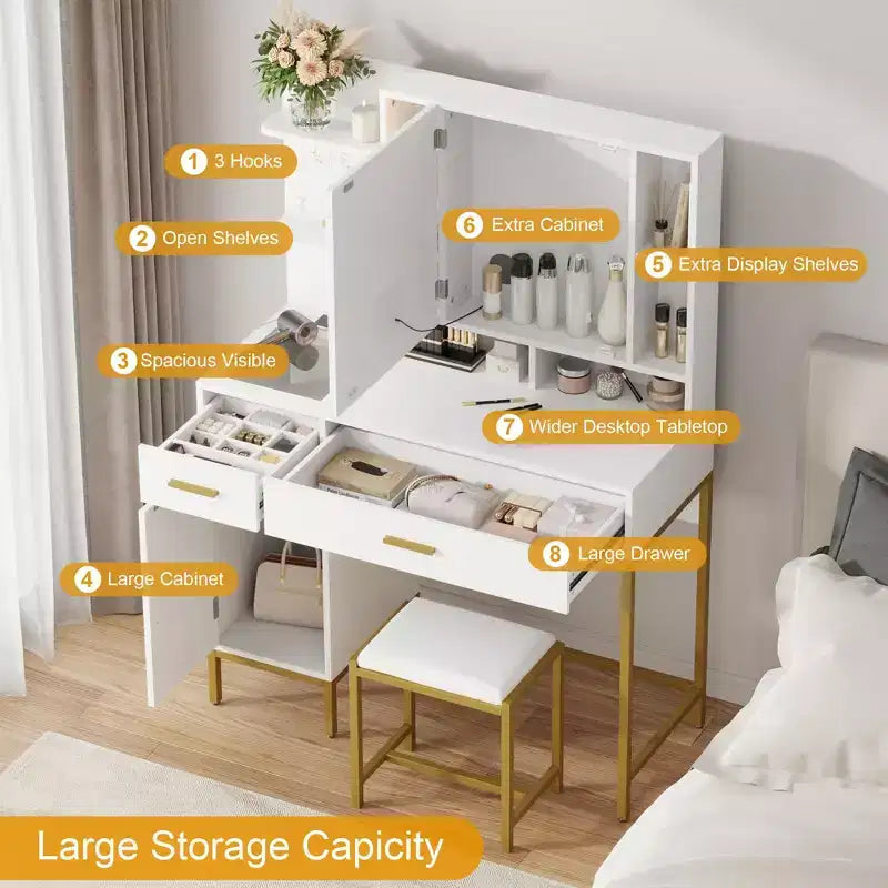 Coiffeuse, commode adulte, coiffeuse avec lumières en 3 couleurs, station de charge, tiroirs, pour salle de bain, chambre à coucher, blanc